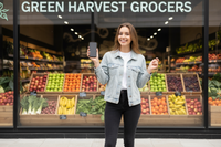 generate 8k resolution image for a beautiful girl give feedback to a grocery shop